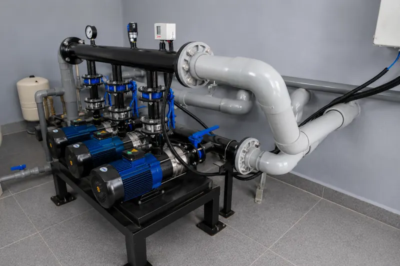 Water pumps and pipework inside the pumping station