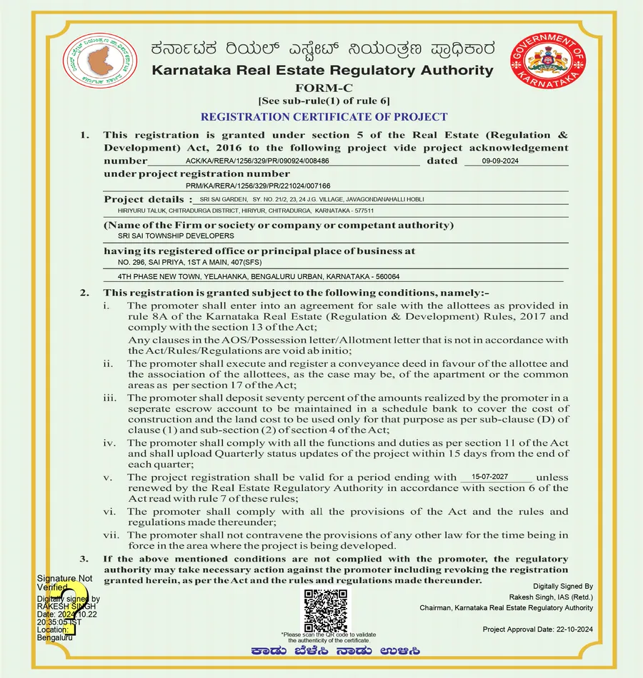 The K-RERA registration certificate for Sri Sai Garden